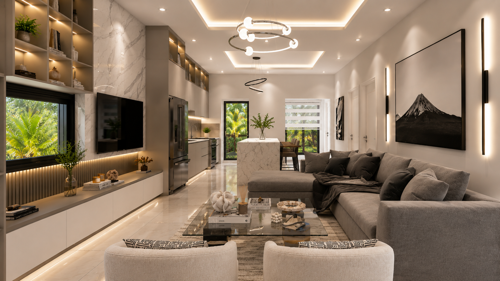 The Summit penthouse open-plan living room and kitchen, daytime